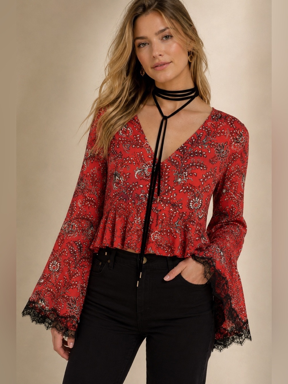 Cinq à Sept 100% Silk Paisley Ruffle Crop Blouse with Lace Bell Sleeves | Medium